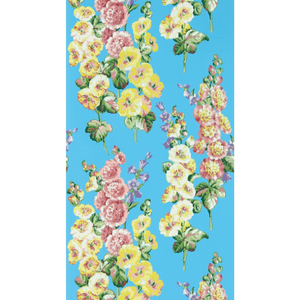 Hollyhocks Wallpaper 217033 by Sanderson in Fire Pink Bright Blue